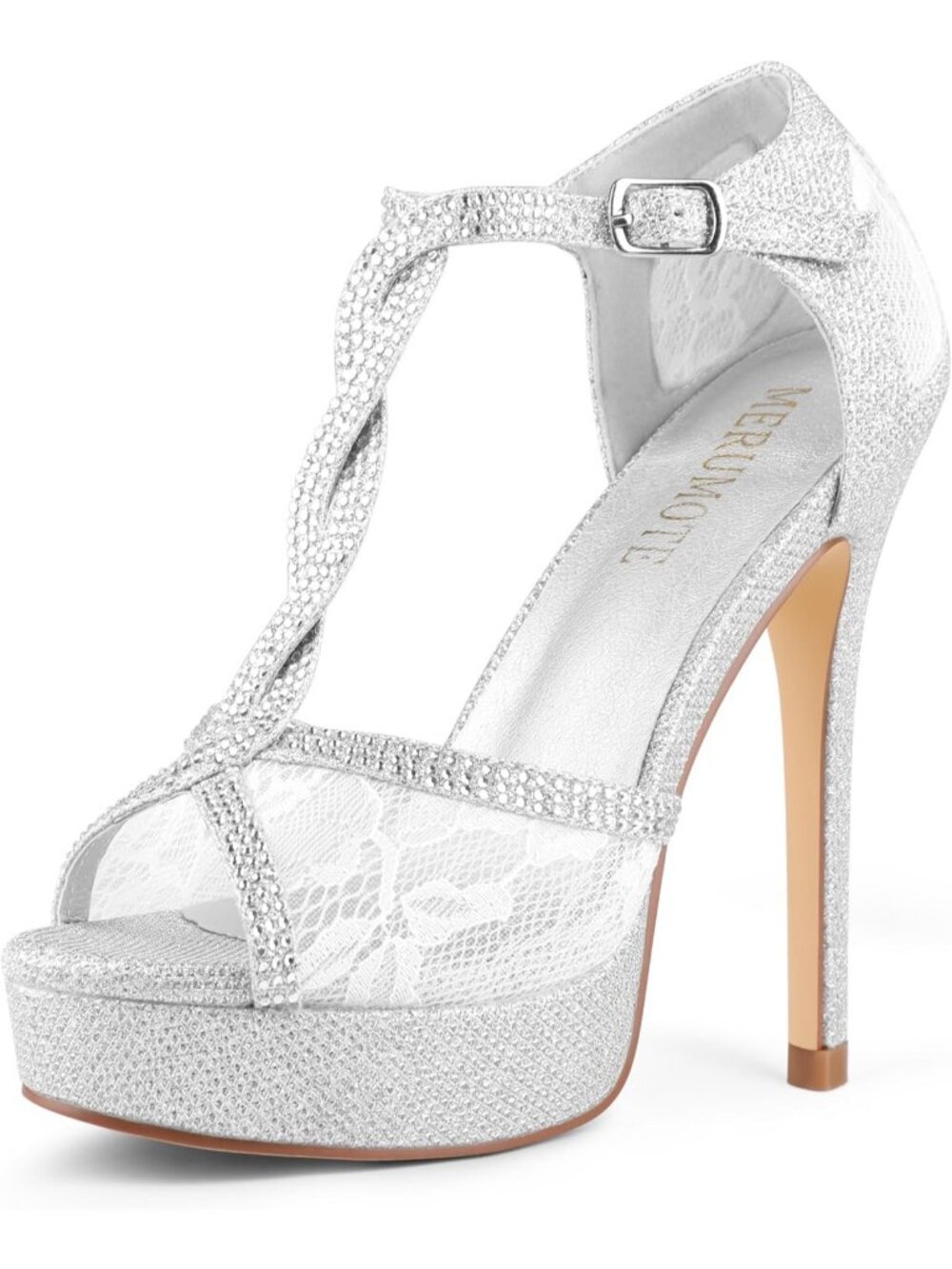 Women's Silver Glitter Peep Toe Platform Stilettos Sparkly Rhinestone Lace Heels
